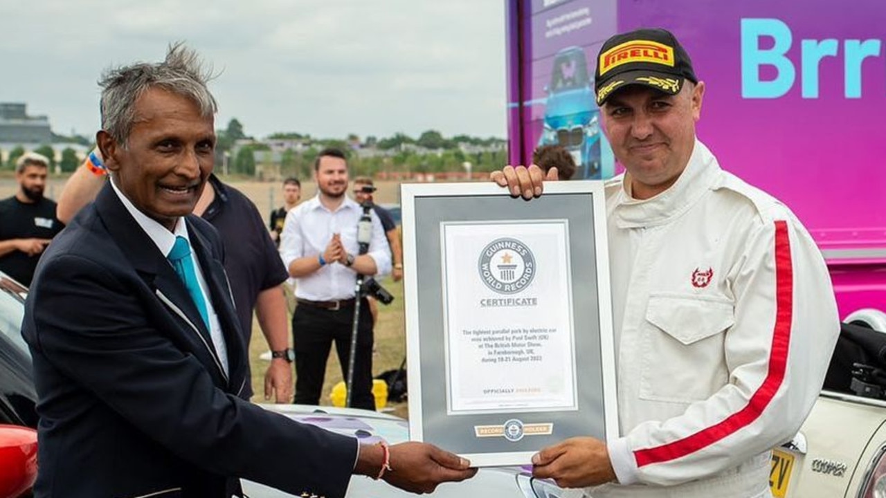 Stunt driver Paul Swift breaks Guinness World Record for parallel park at British Motor Show. Picture: @paulswiftstunts/Instagram