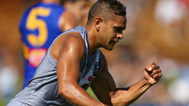 Dom Barry celebrates a goal for the Power. Picture: Getty Images