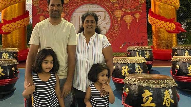 Asylum seekers Nadesalingam Murugappan, who reached Christmas Island by boat in 2012, his wife Kokilapathmapriy Nadarasa, who arrived at Cocos Islands by boat in 2013, with their Australian-born daughters Tharnicaa and Kopika during an outing on Christmas Island last Thursday, where the family has been detained since August 2019.