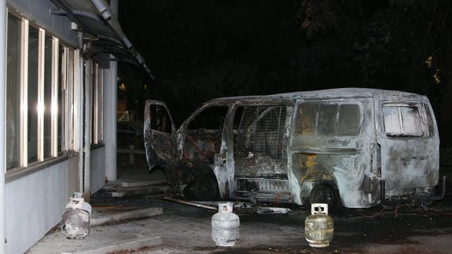 The van after it was set alight in a car park at the Australian Christian Lobby headquarters in Canberra. Picture: Kym Smith