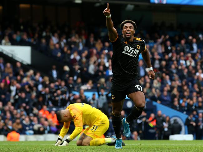 MANCHESTER, ENGLAND - OCTOBER 06:  Adama Traore of Wolverhampton Wanderers celebrates after scoring his team's first goal during the Premier League match between Manchester City and Wolverhampton Wanderers at Etihad Stadium on October 06, 2019 in Manchester, United Kingdom. (Photo by Alex Livesey/Getty Images)