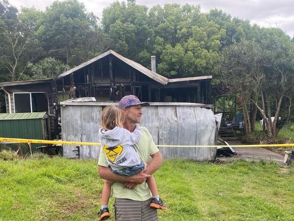 Surfboard craftsman Joel Fitzgerald and his Kainoa, 4, lost their Kinvara home and workshop in a fire on October 10, 2022. Picture: Joel Fitzgerald Instagram/Contributed