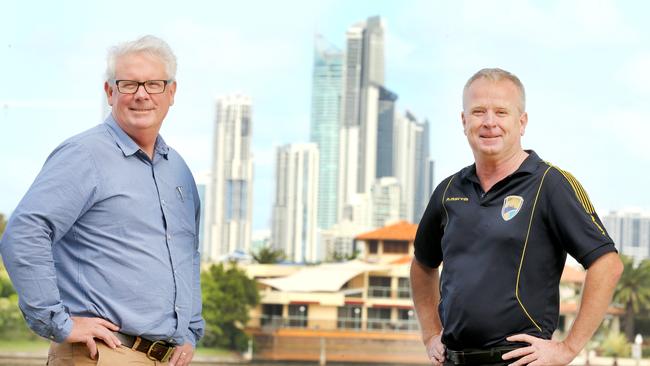 Gold Coast chairman Geoff Smith and Gold Coast United chairman Danny Maher pictured in Southport. The pair are behind a push for a 5000-seat stadium on the GC. Picture Mike Batterham