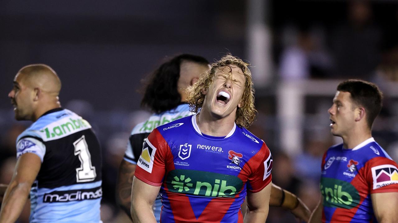 Phoenix Crossland was sent to the sin bin for a professional foul as the half-time siren sounded. Picture: Brendon Thorne/Getty Images