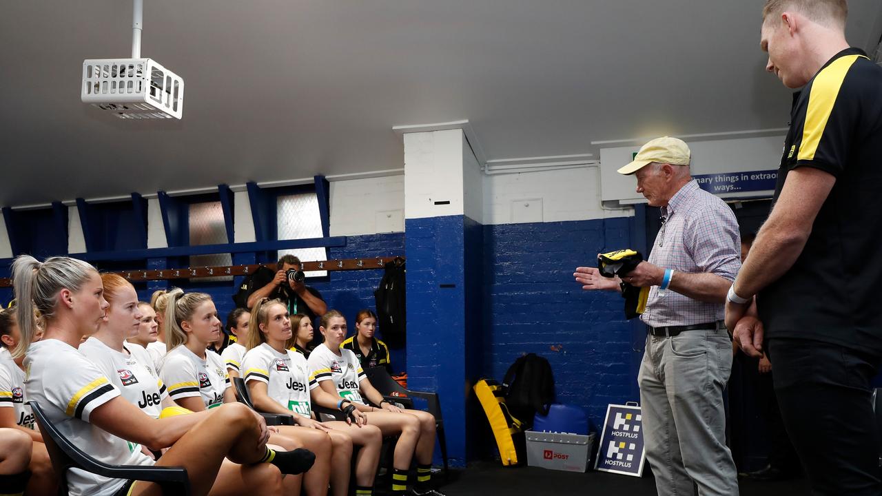 Kevin Bartlett and Jack Riewoldt speak to Richmond’s AFLW players before their Round 1 match against Carlton. Picture: Getty Images