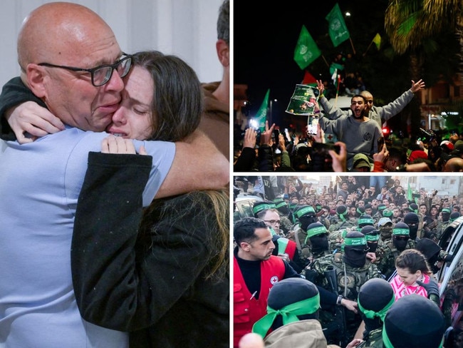 Clockwise from main: Israeli hostage Doron Steinbrecher back in Tel Aviv; freed Palestinian prisoners in Ramallah; Hamas hands over Ms Steinbrecher