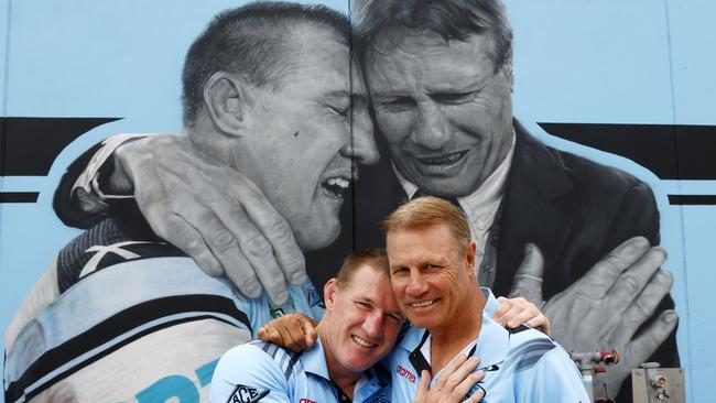 DAILY TELEGRAPH MARCH 28, 2024. Paul Gallen and Andrew Ettingshausen at the unveiling of a new Sharks mural at Shark Park of the club greats after winning the clubÃs first premiership in 2016. Picture: Jonathan Ng