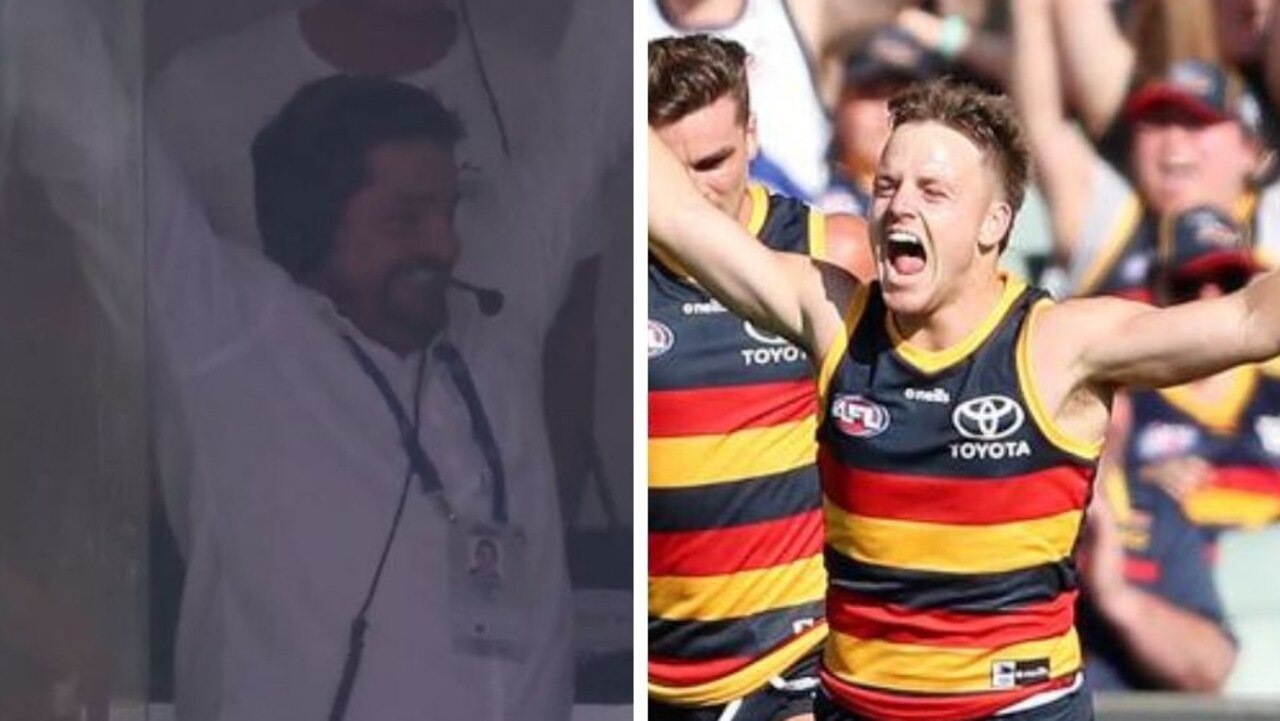 Stephen Rowe celebrates his son's goal. Images: Fox Sports and Getty.