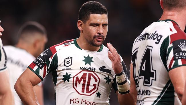 Cody Walker put his hand up for the field goal mix-up against the Tigers. Picture: Mark Kolbe/Getty Images