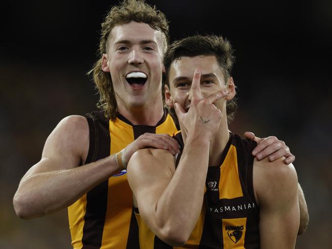 MELBOURNE, AUSTRALIAÃ June 15, 2024.  AFL Round 14. Richmond vs Hawthorn at the MCG.   Connor Macdonald of the Hawks celebrates a 2nd quarter goal with Josh Weddle       . Pic: Michael Klein