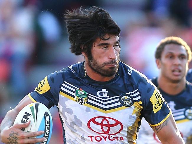 NEWCASTLE, AUSTRALIA - APRIL 25: James Tamou of the Cowboys runs the ball during the round eight NRL match between the Newcastle Knights and the North Queensland Cowboys at Hunter Stadium on April 25, 2015 in Newcastle, Australia. (Photo by Tony Feder/Getty Images)