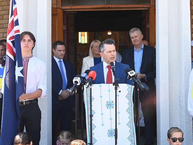 Federal Labour MP Jason Clare attends the Ukrainian community protest at St Andrews Church in Lidcombe as the Russian Ukrainian relationship remains unstable. Picture: NCA NewsWire / Jeremy Piper