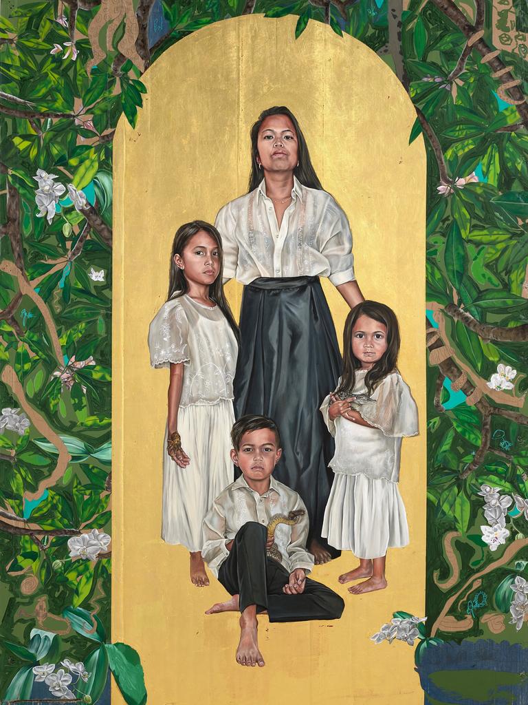 Marikit Santiago’s 'Hallowed Be Thy Name (collaboration with Maella Santiago, Santi Mateo Santiago and Sarita Santiago)', acrylic, house paint, pen, oil and gold leaf on found cardboard, 166.5 x 121.5cm. Sitters: Marikit Santiago, Maella Santiago, Santi Mateo Santiago and Sarita Santiago