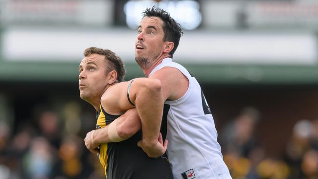 South Belgrave ruckman Mitch Garner (right). Picture: Leesa Clarkson