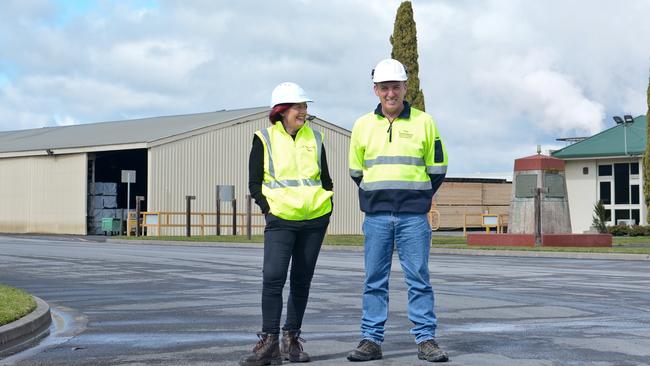 OneFortyOne Plantations chief executive Linda Sewell with sawmill general manager Paul Hartung. Picture: Supplied.