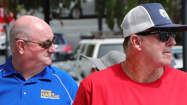 Prepoll voting opened Monday morning and the crowd flocked to  Burleigh prepoll boothto cast their vote. Candidate Wayne Bartholomew (ALP) and sitting member Michael Hart (Liberal)were there handing out how to vote cards.. Picture Glenn Hampson