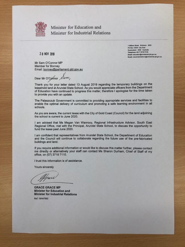 Letter sent between Education Minister Grace Grace to Gold Coast Bonney MP Sam O'Connor in 2019 regarding land at Arundel State School. Photo: Supplied