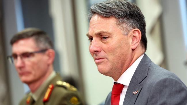 Australian Defence Richard Marles (right), with Chief of the Australian Defence Force, General Angus Campbell, participates in a meeting with US Defence Secretary Lloyd Austin and the UK’s Secretary of State for Defence, Ben Wallace, at the Pentagon yesterday. Picture: Getty Images