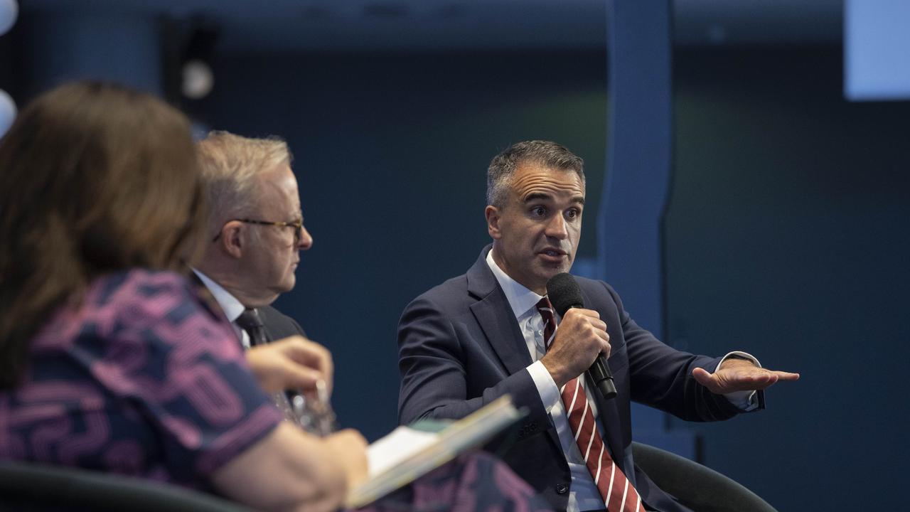 Premier Peter Malinauskas and Prime Minister Anthony Albanese speak with Samantha Maiden at the Bigger, Better SA forum. Picture: Brett Hartwig