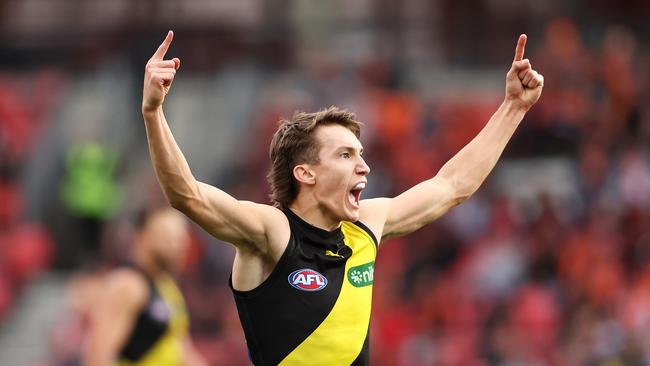 SYDNEY, AUSTRALIA – JUNE 04: Judson Clarke of the Tigers celebrates kicking a goal during the round 12 AFL match between Greater Western Sydney Giants and Richmond Tigers at GIANTS Stadium, on June 04, 2023, in Sydney, Australia. (Photo by Mark Kolbe/Getty Images)