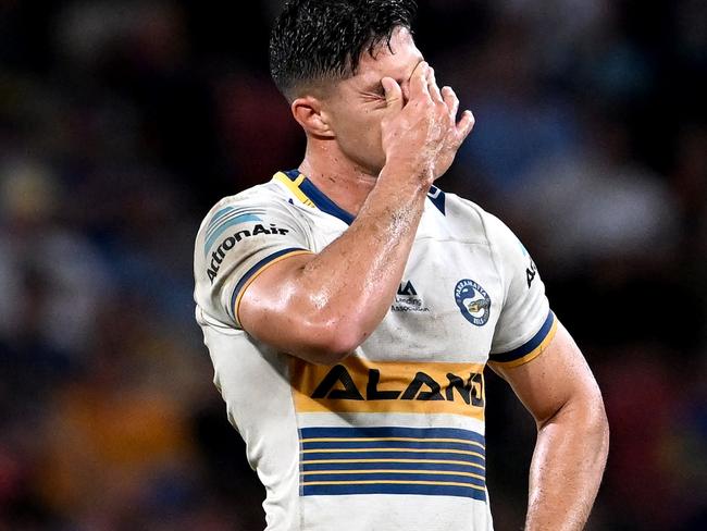 BRISBANE, AUSTRALIA - MAY 15: Dylan Brown of the Eels looks dejected after his team loses the round 10 NRL match between the Sydney Roosters and the Parramatta Eels at Suncorp Stadium, on May 15, 2022, in Brisbane, Australia. (Photo by Bradley Kanaris/Getty Images)