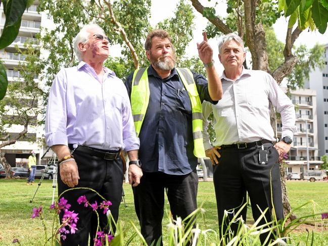 Darwin council’s general manager of engineering and city services Ron Grinsell, right, with Lord Mayor Kon Vatskalis and horticulturist Chris Bailey in February. Picture: Che Chorley