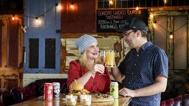 Clare Venema and Nick Riesen celebrating their one year anniversary at Prancing Pony Brewery in the Adelaide Hills. Picture: Mike Burton