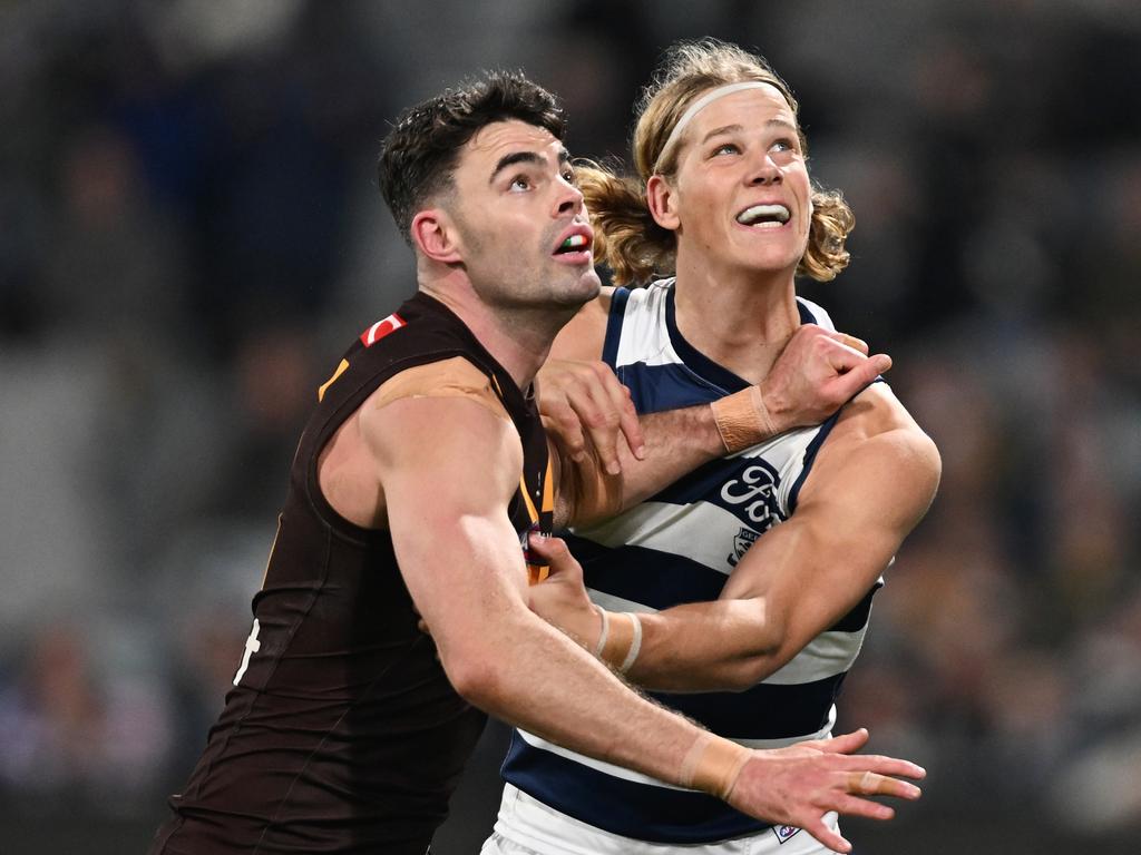 Geelong needs to quickly decide if Sam De Koning (right) is the solution in the ruck. Picture: Getty Images