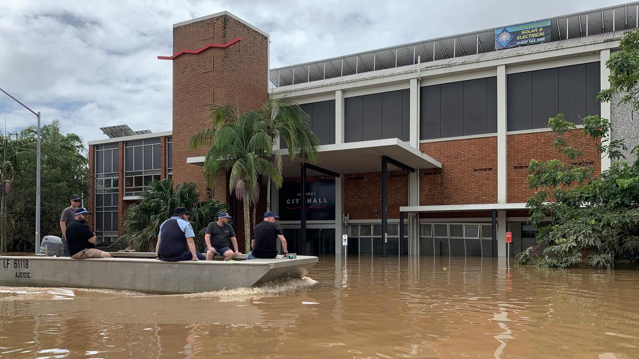 The flooded Lismore city hall on March 1, a day after the city was hit by a record flood. Picture: Stuart Cumming