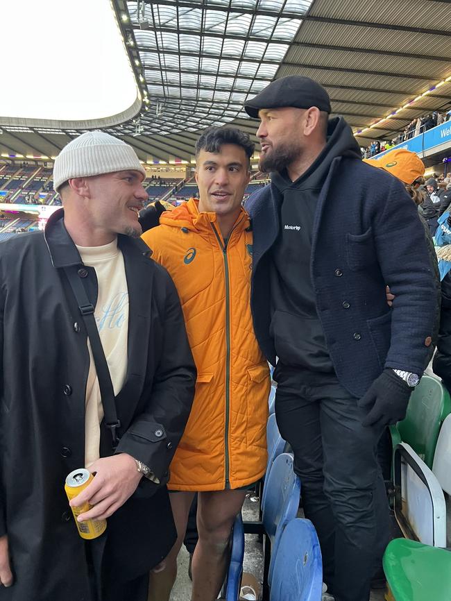 Angus Crichton with former teammates Wallaby Joseph-Aukuso Suaalii and Jared Waerea-Hargreaves.