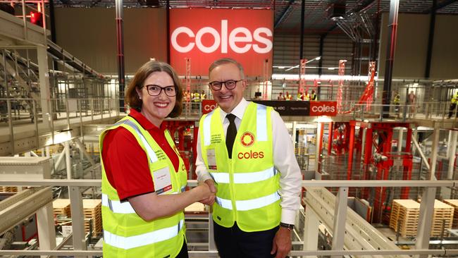 Coles chief executive Leah Weckert and Prime Minister Anthony Albanese in Brisbane. Picture: Getty Images