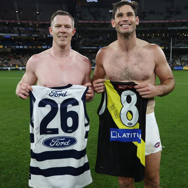 Jack Riewoldt and Tom Hawkins swap jumpers after the match between the Tigers and Cats at the MCG. Picture: Michael Klein