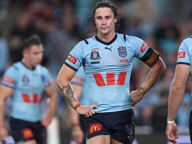 SYDNEY, AUSTRALIA - JUNE 05:  Nicho Hynes of the Blues reacts after a Maroons try during game one of the 2024 Men's State of Origin Series between New South Wales Blues and Queensland Maroons at Accor Stadium on June 05, 2024 in Sydney, Australia. (Photo by Cameron Spencer/Getty Images)