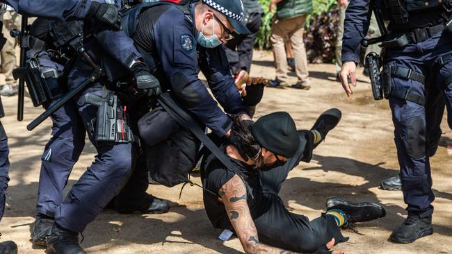 Police tackled a man at an anti-vaccination, anti-lockdown protest on Saturday. Picture: NCA NewsWire/Sarah Matray