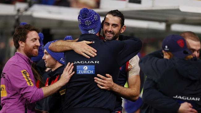 Brodie Grundy celebrates the Demons’ win over Collingwood on King’s Birthday. Picture: Michael Klein.