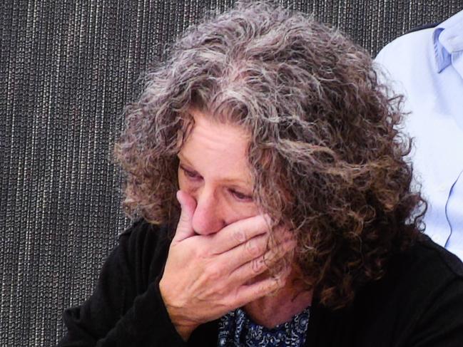 Kathleen Folbigg breaks down whilst being question about the deaths of her four children as she appears via video link screened a the NSW Coroners Court, Sydney. Picture: AAP Image/Peter Rae