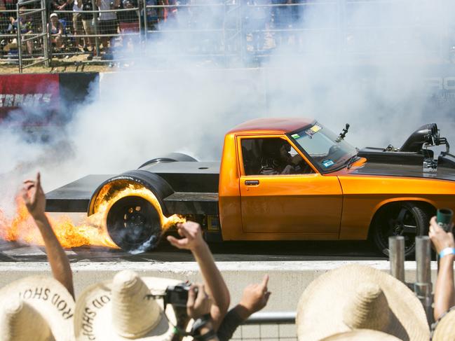 SUNDAY TELEGRAPH SPECIAL. A Car catches fire during preforming a burnout at Summernats 31 2018. Photo: Keegan Carroll