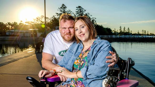 Jaidon Kirby and Stacie Chanoff were involved in a crash at Bells Bridge, near Gympie, in 2023, that left Stacie a quadriplegic. Picture: Richard Walker