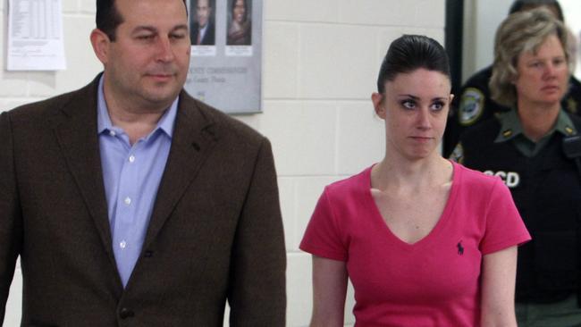 Casey Anthony leaves jail with her lawyer Jose Baez (left) after she was sensationally acquitted of the murder of her daughter Caylee, two in 2011. Picture: Red Huber