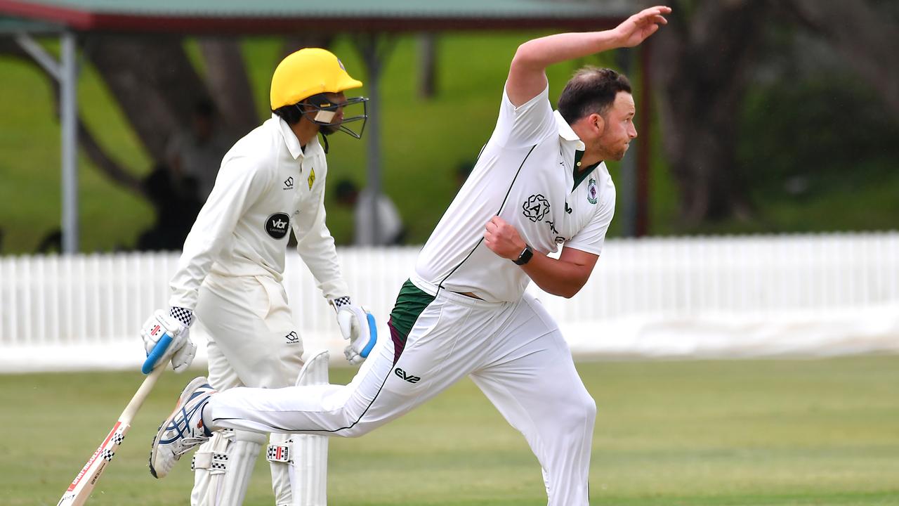 Souths bowler Brandon Honeybrook South Brisbane v Wests in the Sci-Fleet first grade competition. Saturday October 1, 2022. Picture, John Gass