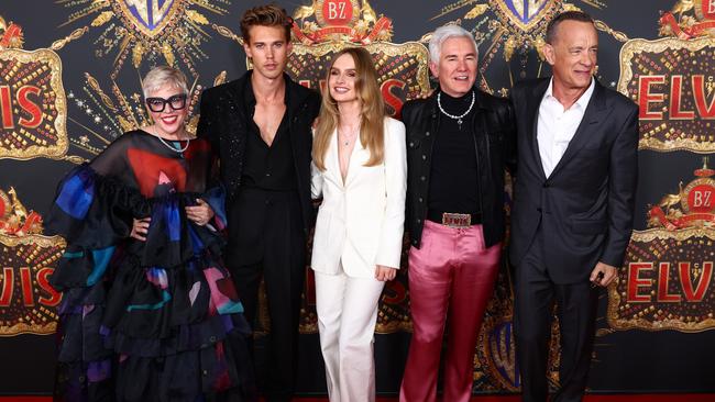 From left, Catherine Martin, Austin Butler, Olivia DeJonge, Baz Luhrmann and Tom Hanks attend the Australian premiere of ELVIS at Event Cinemas Pacific Fair on the Gold Coast. (Photo: Chris Hyde/Getty Images)