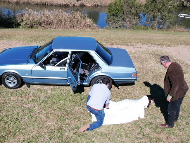 June 2024: The team from The Australian - Hedley Thomas, David Murray, Bianca Farmakis and Sean Callinan with a 1987 Ford Falcon XF which they used to recreate Bronwyn Winfield's body being allegedly transported by husband Jon Winfield.