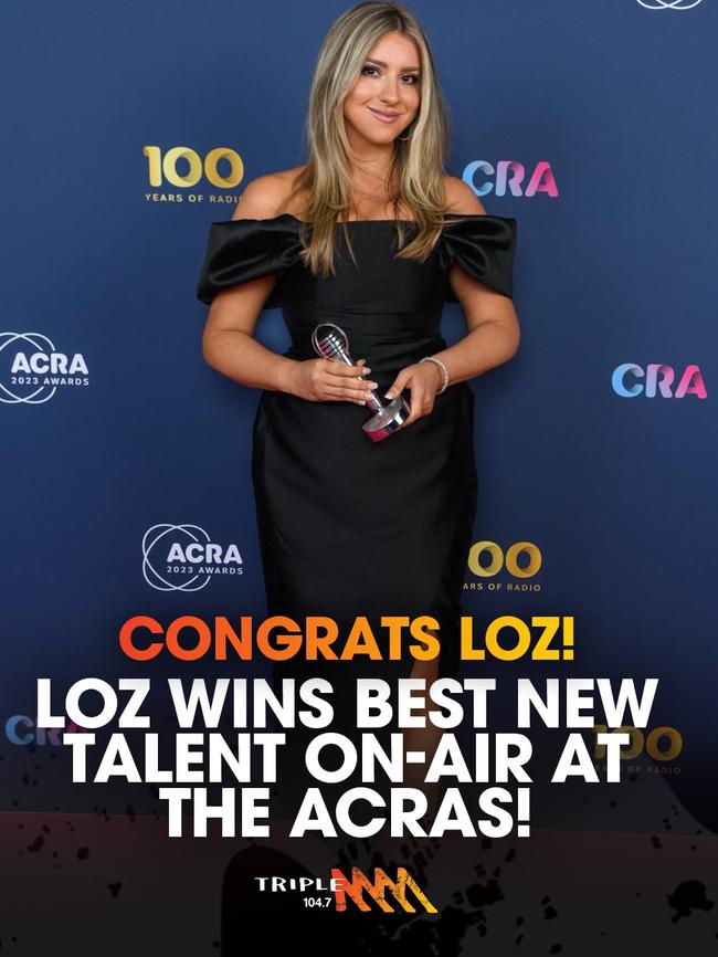 Laura O'Callaghan, who is part of Triple M's Roo, Ditts & Loz, won Best New Talent On Air Radio (Metro) at the ACRAs. Picture: Triple M Facebook