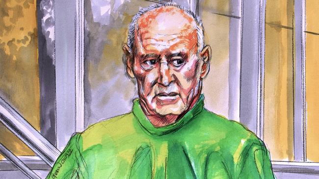 A court sketch of convicted murderer Chris Dawson in prison greens during a pre-sentencing hearing in the NSW Supreme Court on Thursday.