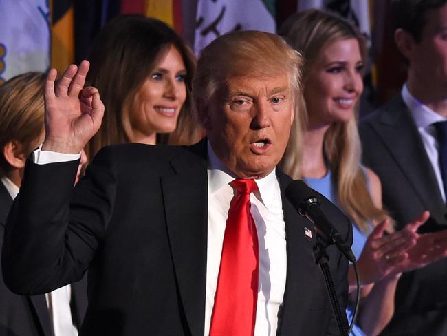 Donald Trump flanked by members of his family after winning the US presidency. Picture: AFP PHOTO / Timothy A. CLARY