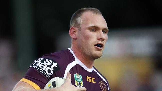 Matt Lodge playing in a pre-season trial for the Broncos.