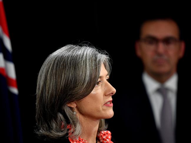 Dr Nicola Spurrier and Premier Steven Marshall at a press conference in Adelaide this morning. Picture: AAP / David Mariuz