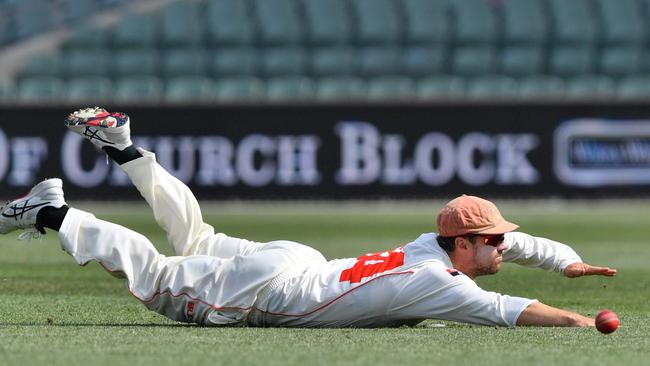 Travis Head at full stretch in the field. Picture: AAP Image/David Mariuz