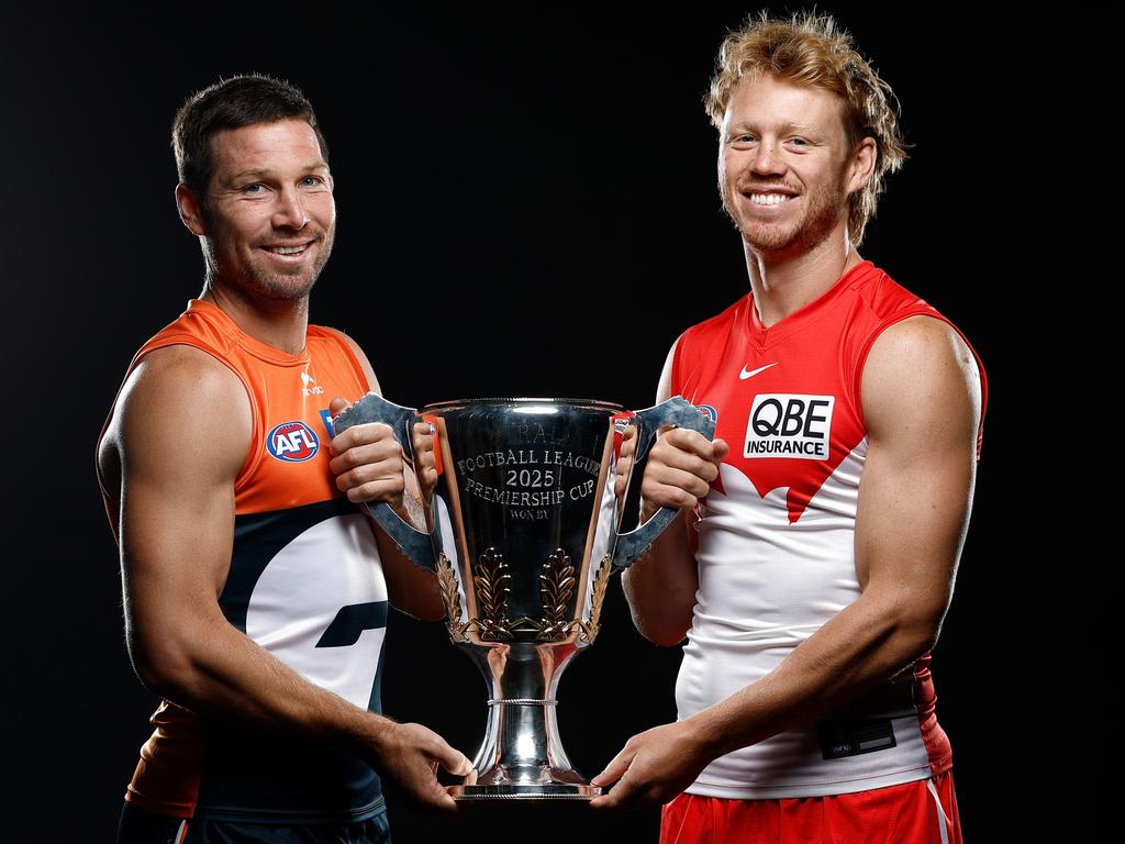 Toby Greene of the Giants and Callum Mills of the Swans pose with the Premiership Cup during the 2025 AFL Captains Day at Marvel Stadium on February 24 in Melbourne. Picture: Michael Willson/AFL Photos via Getty Images