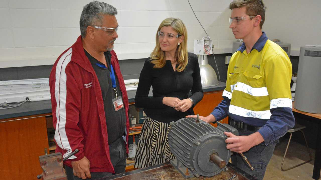 JOBS FOCUS: TAFE Queensland East Coast electrical teacher Merv King with Ms Fentiman and TAFE student Connor Boon during the minister's visit to Bundaberg in June. Picture: Chris Burns